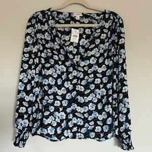 NWT J Crew Black and Blue Floral Long Sleeve Blouse Women’s Size 4